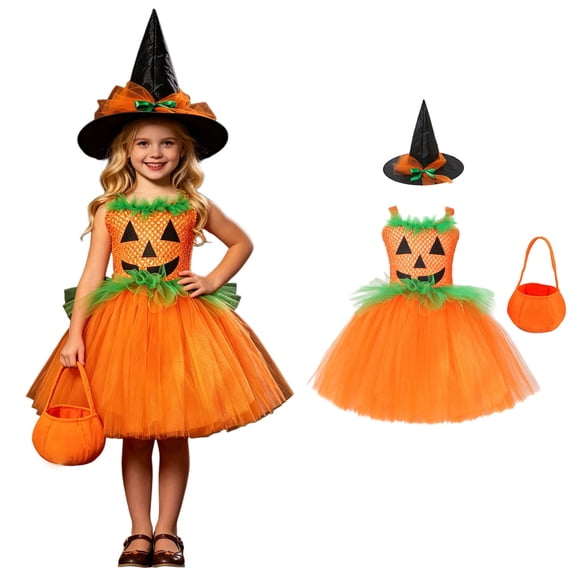 Girls Sleeveless Tutu Tulle Dresses with Hats Set Pumpkin Halloween Cosplay Kids Halloween Size 1-12 Years