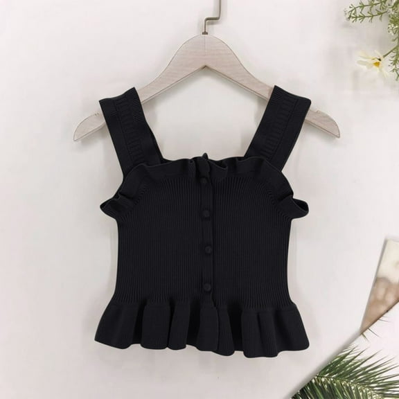 Girls Sleeveless Vest Ruffle Hem Button Front Crop Tank Top Ribbed Knit Belly Shirt