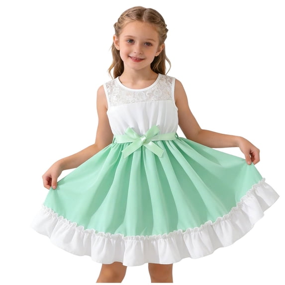 Girls Sleeveless Wedding Guest Dress A-Line Ruffle Hem Bow Party Outfit for Kids Summer Easter Church Dresses Green 5-14 Years,Size 7-8 T