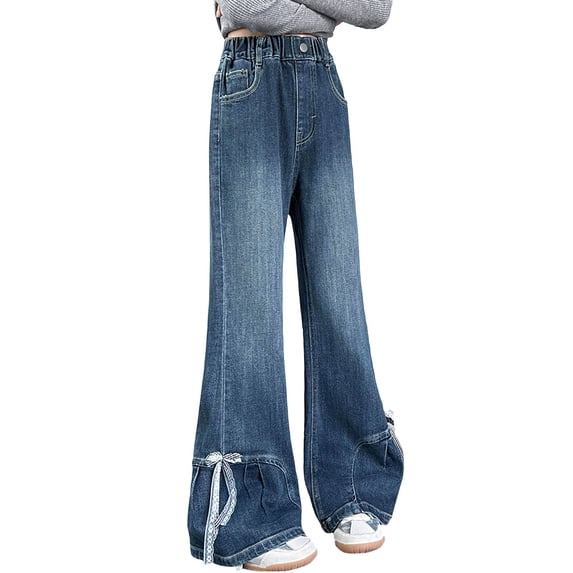 Girls' Slim Fit Bow Jeans Flared Pants Medium To Large Children's Wide Leg Pants