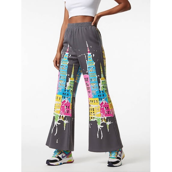 9-10Y Girls Colored Flared Pants Digital Print Trousers Slim-Fit Wide Leg Flare for Spring Summer Autumn