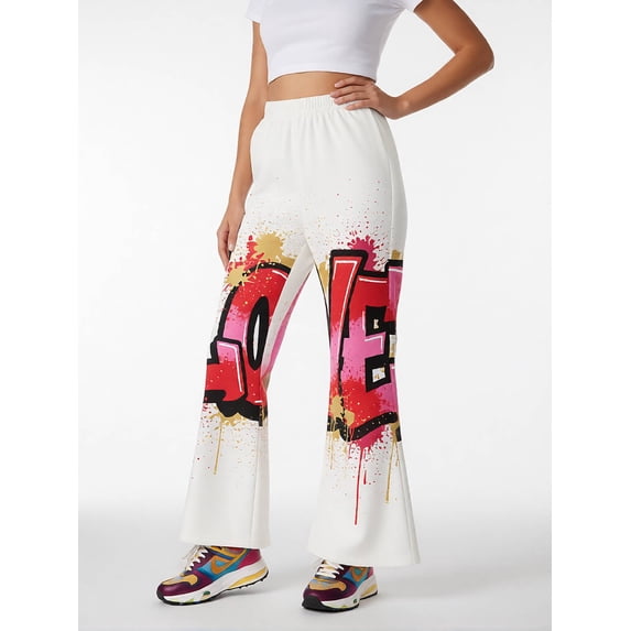 7-8Y Girls Colored Flared Pants Digital Print Trousers Slim-Fit Wide Leg Flare for Spring Summer Autumn