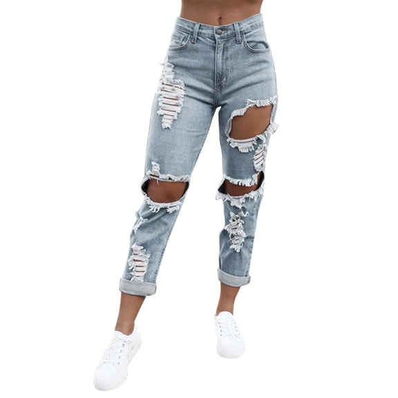 Girls' Slim Fit Straight Barrel Perforated Street Fashion Denim Pants