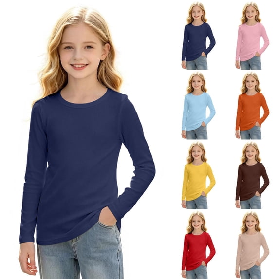 Girls Slim Fit Tee Long Sleeve Ribbed Solid Crew Neck Basic Fall Shirt Tops