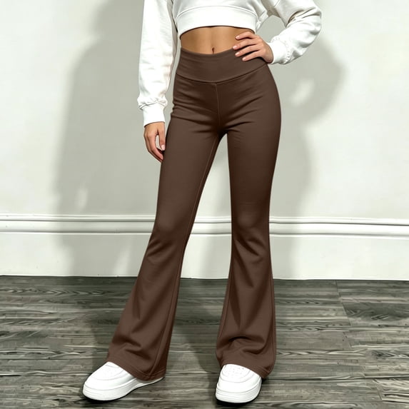 Girls Slim Flare Pants Solid Color Stretchy High Waist Bell Bottom Leggings Kids Fall Casual Comfy Sports Long Trousers Brown 7-8 Years
