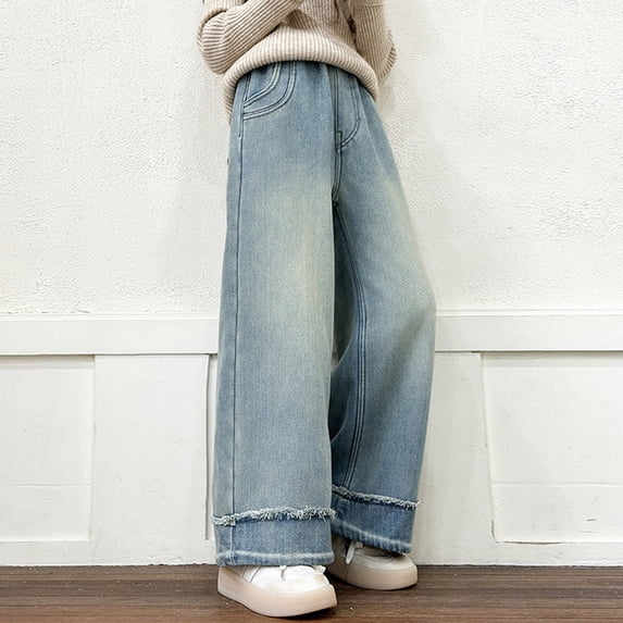 Girls' Slim Stretch Jeans New Children Girls' Jeans Long Pants Children's Loose Pants Straight Leg Pants Wide Leg Pants Casual Outerwear Pants Style B-19 Blue 12 Years