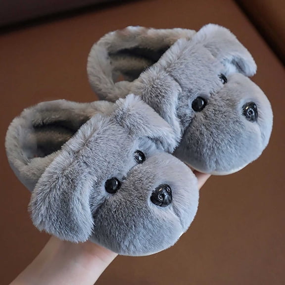 Girls Slippers Dog Indoor Outdoor House Slipper Fuzzy Fluffy House Shoes Slip On Comfort Footwear Cute Flat Slides Grey US: 13.5