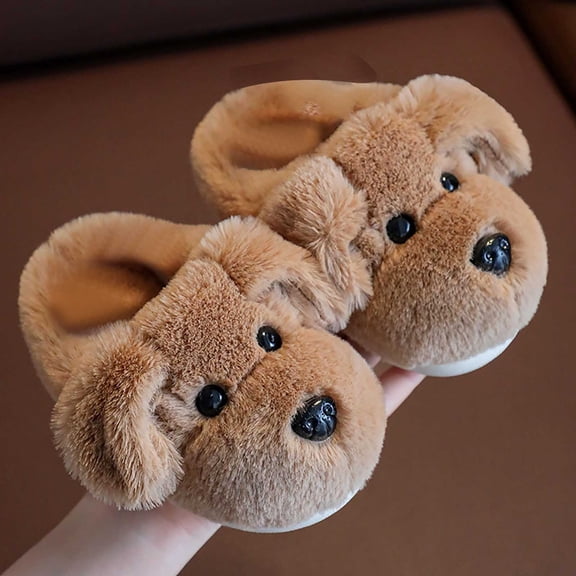 Girls Slippers Dog Indoor Outdoor House Slipper Fuzzy Fluffy House Shoes Slip On Comfort Footwear Cute Flat Slides Khaki US: 13.5