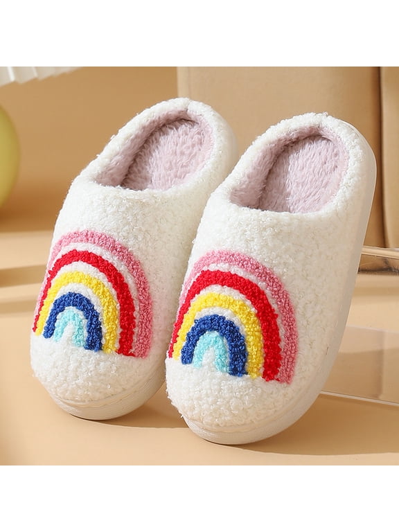 Girls Slippers Rainbow Pattern Indoor Outdoor House Slipper Fuzzy Fluffy House Shoes Slip On Comfort Footwear Funny Flat Slides Multicolour US: 1
