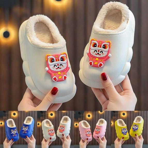 Girls Slippers Winter Cute Cartoon Warm Outdoor Shoes Indoor Fall Soft Sole Open Toe Slip On Kids Shoes Pink Sizes 5.5-6 Y