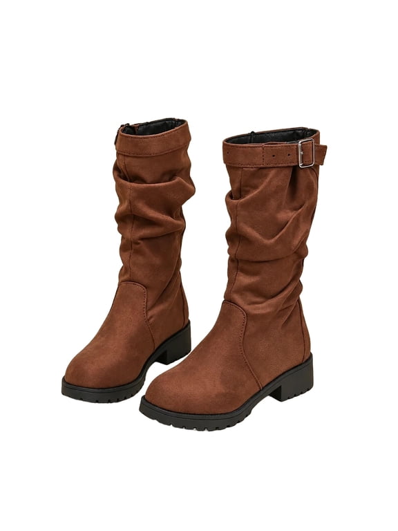 Girls Slouchy Knee High Boots, Girls Riding Boots with Buckle Strap, Low Heel Tall Boots for Fall Winter Daily Dress Up Outdoor Party