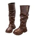 thumbnail image 1 of Girls Slouchy Knee High Riding Boots Fashion Buckle Strap Pull on Round Toe Platform Long Booties with Button Brown 10 Little Kid, 1 of 4
