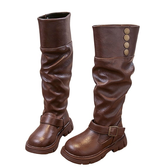 Girls Slouchy Knee High Riding Boots Winter Plush Lined Fashion Buckle Strap Pull on Round Toe Platform Long Booties with Button Brown 12.5 Little Kid