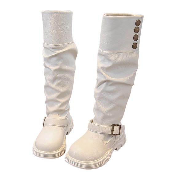 Girls Slouchy Knee High Riding Boots Winter Plush Lined Fashion Buckle Strap Pull on Round Toe Platform Long Booties with Button White 11 Little Kid