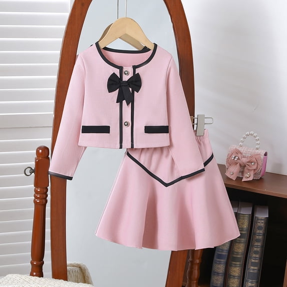 Girls' Small Fragrance Suit and White Bow Round Neck Coat Skirt Two Piece Children's Set Girls Outfits 9-10Y
