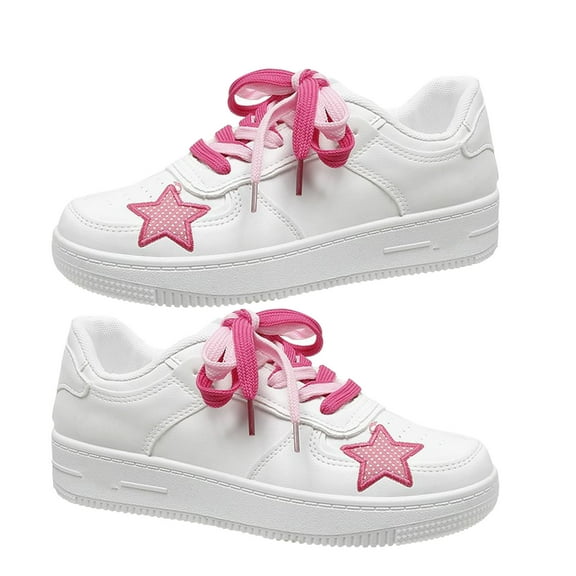 Girls' Small White Shoes, Student Flats, Casual Star Pattern, Perfect for Spring, Pink, Size 37