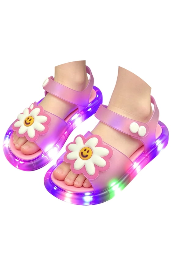 Girls Smiley Daisy LED Glow Jelly Sandals, Adjustable Snap Ankle Strap Kids Beach Water Shoes, Step-Activated Rainbow Light Up Casual Summer Outdoor Walking Sandals 4-9Y