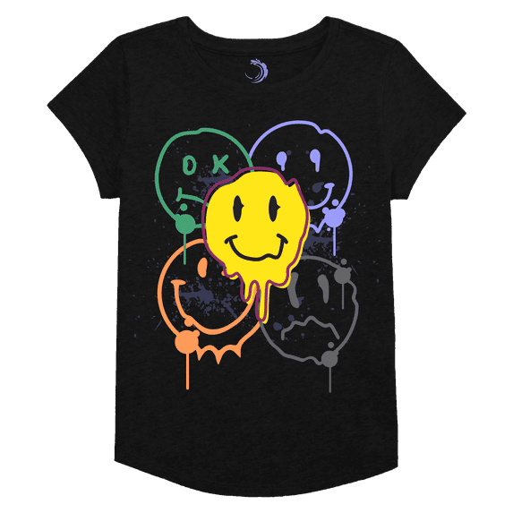 Girls Smiley Face Graphic Tee, Assorted Colors T-Shirt, Cotton/Poly Blend, Sizes 4-18