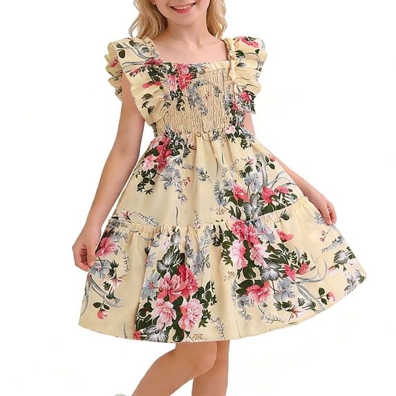 Girls Smocked Dresses Size 8 Cute Ruffle Sleeve Summer Floral Tiered Dress Aline Casual Beach Vacation Outfits Beige, 9 Years