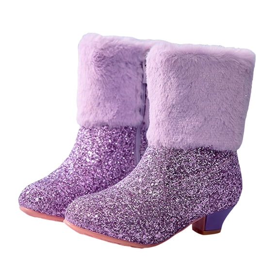 Girls Snow Boots Fashion Splice Glitter Sequin Plush Kitten Heel Princess Dress Winter Booties Casual Nonslip Side Zipper Furry Lined Warm Ankle Boots 12.5 Little Kid Purple