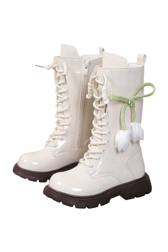 Girls Snow Boots Lace up Platform Knee High Winter Combat Boots with Floral Decor Fashion Waterproof Leather Round Toe Side Zipper Long Riding Moto Booties 11 Little Kid Beige