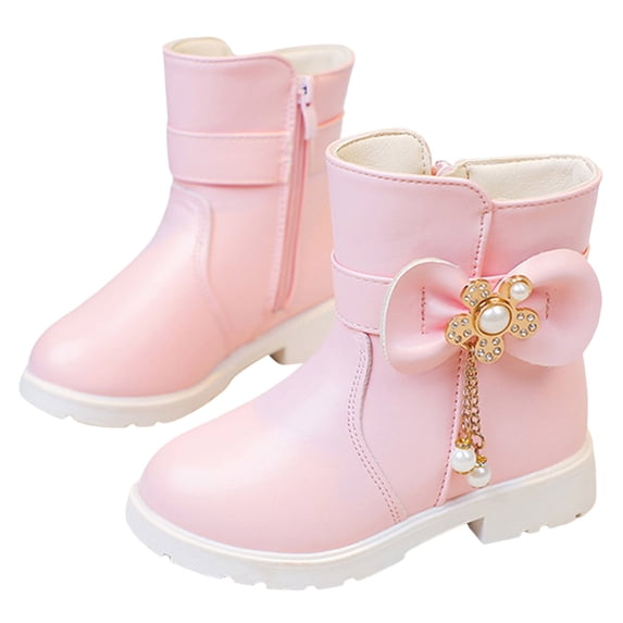 Girls Snow Boots Sweet Bowknot Fringe Princess Winter Dress Booties Lug Sole Low Heel Warm Furry Lined Zipper Ankle Boots 12.5 Little Kid Pink