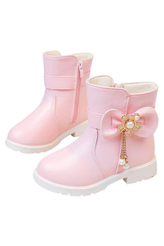 Girls Snow Boots Sweet Bowknot Fringe Princess Winter Dress Booties Lug Sole Low Heel Warm Furry Lined Zipper Ankle Boots 12.5 Little Kid Pink