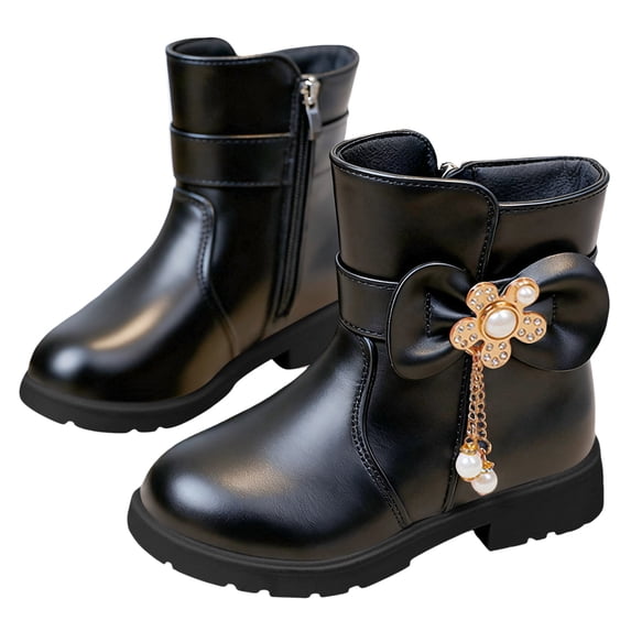 Girls Snow Boots Sweet Bowknot Fringe Princess Winter Dress Booties Lug Sole Low Heel Warm Furry Lined Zipper Ankle Boots 2 Big Kid Black