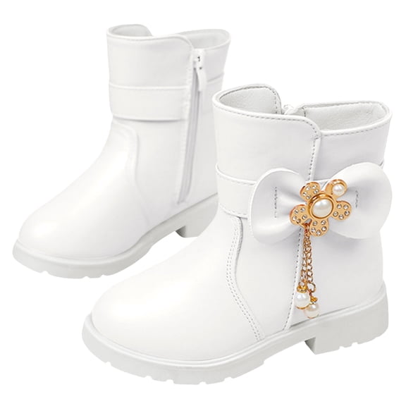 Girls Snow Boots Sweet Bowknot Fringe Princess Winter Dress Booties Lug Sole Low Heel Warm Furry Lined Zipper Ankle Boots 3 Big Kid White