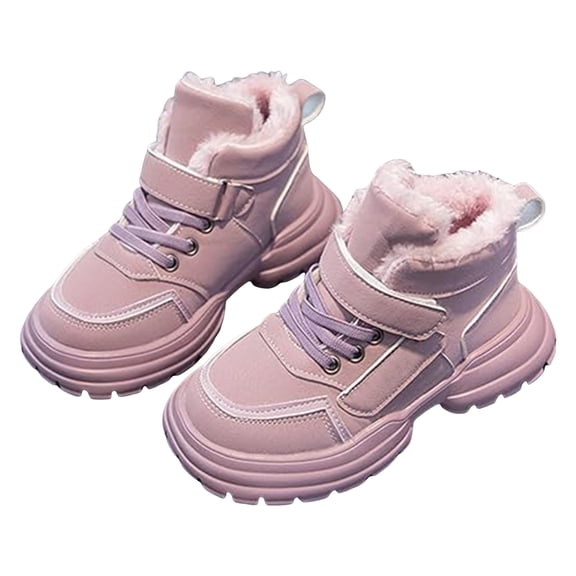 Girls Snow Boots Thicken Warm Furry Lined Cold Weather Platform Sneakers Waterproof Leather Casual Hook and Loop Hiking Athletic Shoes Purple 2 Big Kid