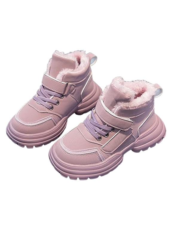 Girls Snow Boots Thicken Warm Furry Lined Cold Weather Platform Sneakers Waterproof Leather Casual Hook and Loop Hiking Athletic Shoes Purple 9.5 Toddler