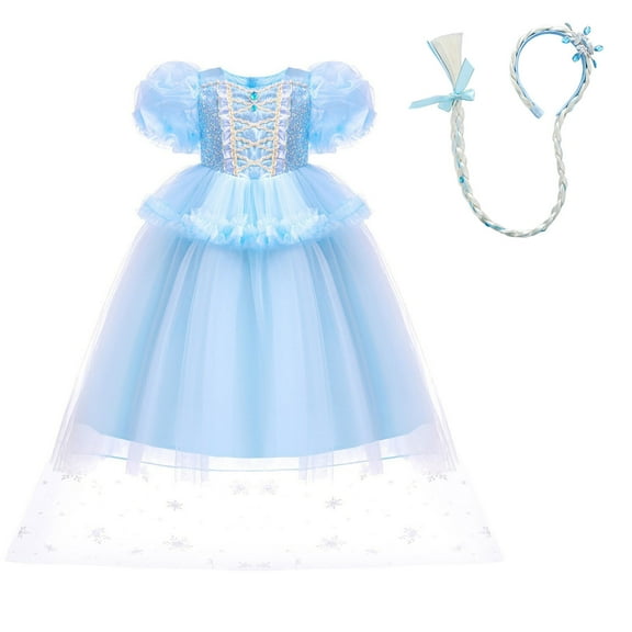 Girls Snow Queen Costume with Headband Halloween Cosplay Outfit for 3-10Y