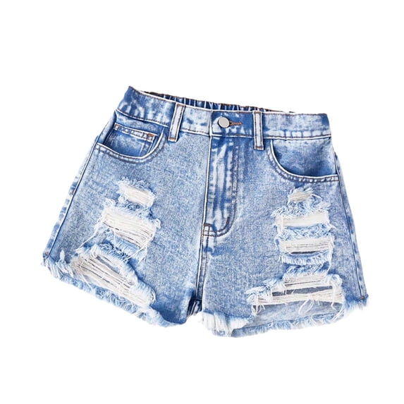 Girls Snow Washed Distressed Denim Shorts, Elastic High Waist Frayed Raw Hem Ripped Jean Shorts, Vintage Destroyed Summer Casual Kids Bottoms for Daily Wear(Light Blue,8-9 Years)