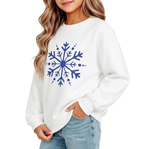 Girls Snowflake Print Crewneck Sweatshirt, Soft Long Sleeve Pullover Top for Kids, Casual Winter Fleece Lined Sweater Shirt for School Daily Wear