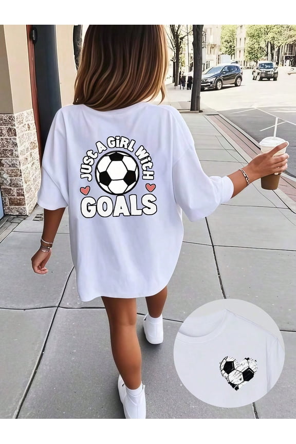 Girls Soccer Fan T-Shirt - Double Side Print Just a Girl with Goals Iron-On Graphic Short Sleeve Top, Size 3Y-13Y