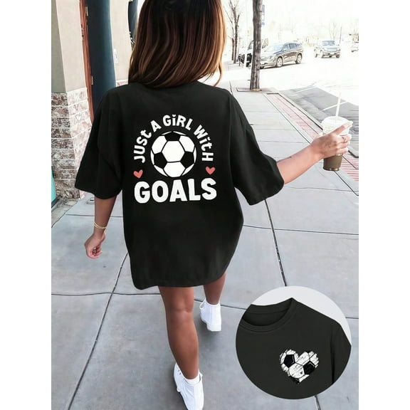 Girls Soccer Fan T-Shirt - Double Side Print Just a Girl with Goals Iron-On Graphic Short Sleeve Top, Size 3Y-13Y