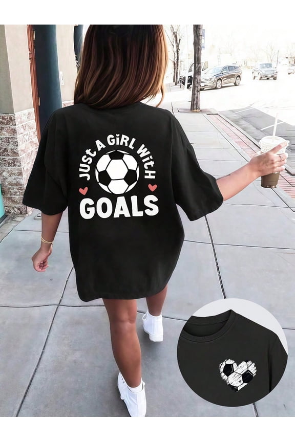 Girls Soccer Fan T-Shirt - Double Side Print Just a Girl with Goals Iron-On Graphic Short Sleeve Top, Size 3Y-13Y