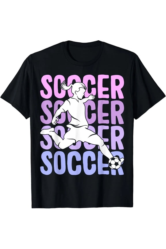Girls Soccer Gradient Purple Pink Blue Letter Graphic T-Shirt, Black Crew Neck Short Sleeve Women Football Player Sports Casual Tee