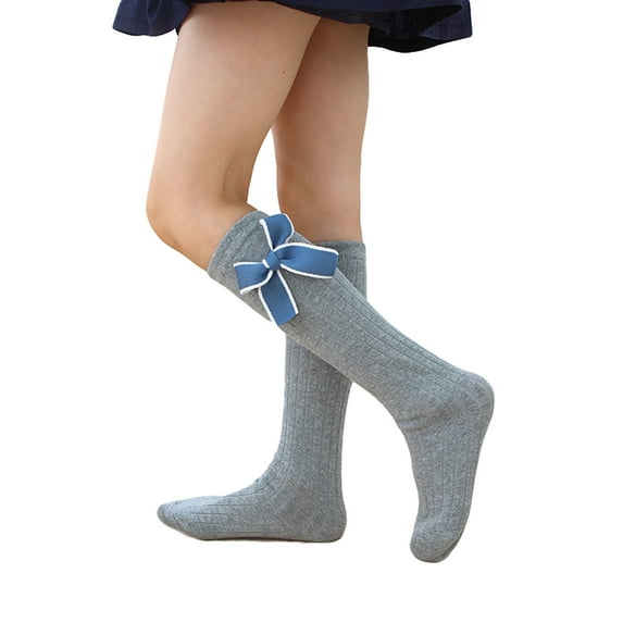 Girls Socks Knee High Stockings Solid Color Bow Warm Cotton School Uniform Legging