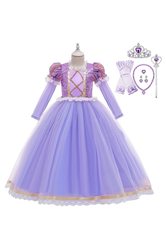 Girls Sophia Costume w/Crown Female Long Tulle Sleeve Princess Dress Little Girls 3-9Y