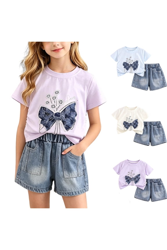 Girls Soft Breathable Bow Print T-Shirt & Denim Shorts Set, Comfortable Casual Outfit for 0-4 Years Old, All-Day Wear for Toddlers White 1 Years