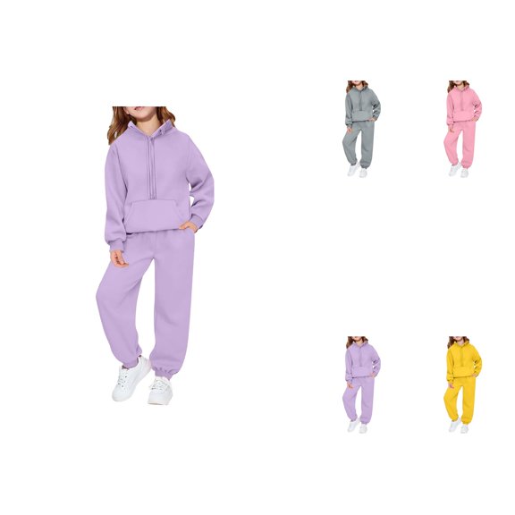 Girls Soft Casual Two-Piece Tracksuit, Long Sleeve Hooded Pullover and Jogger Pants, Comfy Loungewear Playwear Outfit for Youth Big Kids