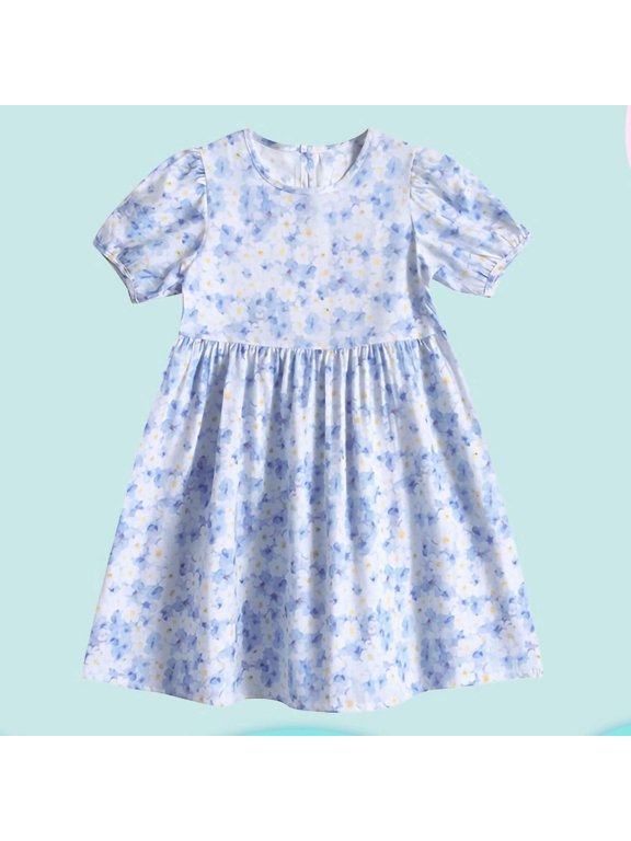 Girls Soft Cotton Blue Floral Print Puff Sleeve A-Line Summer Dress Size 110-120-130-140-150-160-170-180,Size 11-12 T