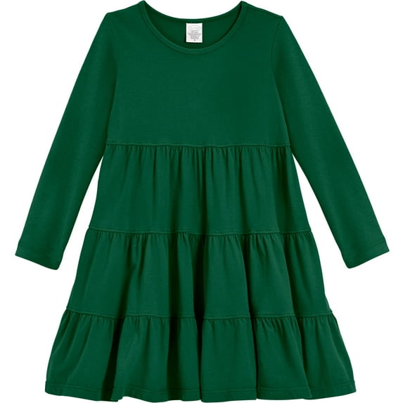 Girls Soft Cotton Jersey Long Sleeve Tiered Dress | Forest Green