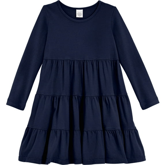 Girls Soft Cotton Jersey Long Sleeve Tiered Dress | Navy