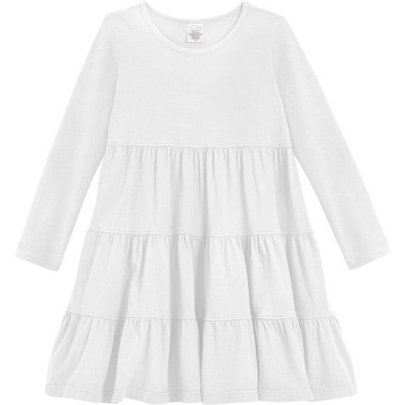 Girls Soft Cotton Jersey Long Sleeve Tiered Dress | White