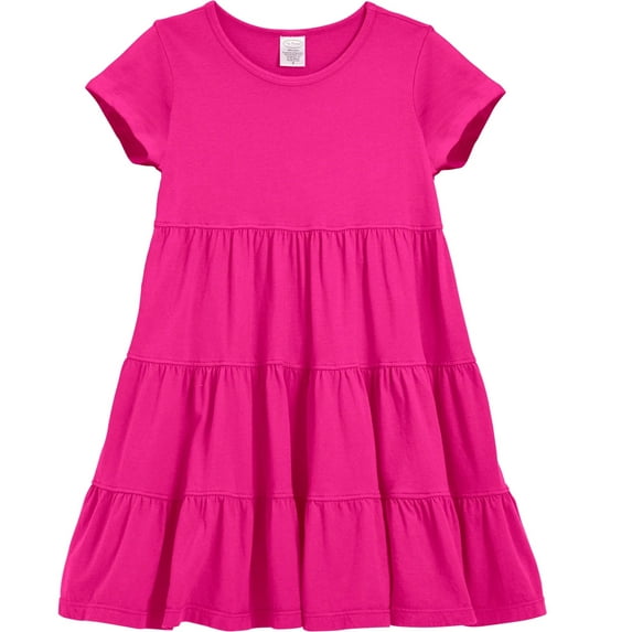 Made in USA Girls Soft Cotton Jersey Short Sleeve Tiered Dress | Hot Pink