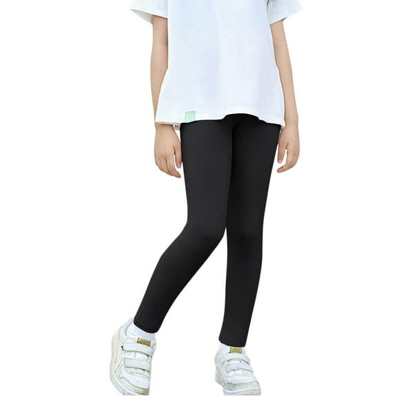 Girls Soft Cotton Legging Solid Color Stretch Tight Sports Pants Elastic Everyday Pull on Leggings Black 7-8Y