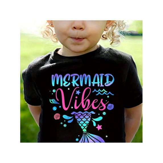 Mermaid Vibes" Soft Cotton Short-Sleeve T-Shirt for Girls - Playful Summer Tee with Colorful Mermaid Tail, Stars & Shells Design, Comfortable Casual Round Neck Top, Machine Washable
