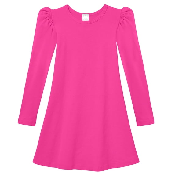 Girls Soft Cotton Puff Long Sleeve Dress | Hot Pink